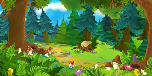 Scena dei cartoni animati con bella foresta e il prato - illustrazione per bambini — Foto Stock