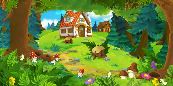 Cartoon scene with beautiful rural brick house in the forest on the meadow - illustration for children — Stock Photo, Image