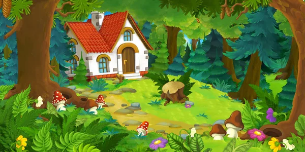 Scena kreskówki z pięknym wiejskim domu cegły w lesie na łące-ilustracja dla dzieci — Zdjęcie stockowe