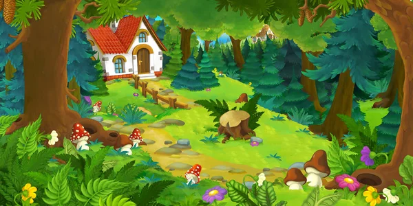 Çayır üzerinde ormanda güzel kırsal tuğla ev ile karikatür sahne - çocuklar için illüstrasyon — Stok fotoğraf