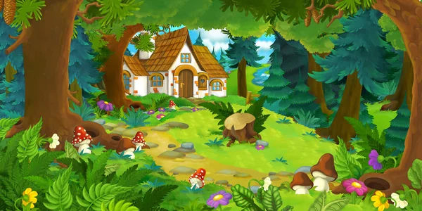 Escena de dibujos animados con hermosa casa de ladrillo rural en el bosque en el prado - ilustración para niños — Foto de Stock