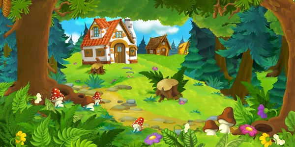 Escena de dibujos animados con hermosa casa de ladrillo rural en el bosque en el prado - ilustración para niños —  Fotos de Stock