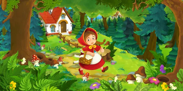 Karikatúra jelenet gyönyörű vidéki téglafal az erdőben a réten-illusztráció gyerekeknek — Stock Fotó