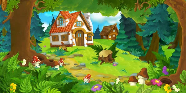Escena de dibujos animados con hermosa casa de ladrillo rural en el bosque —  Fotos de Stock