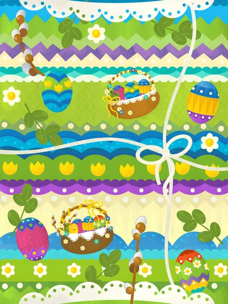 Escena de dibujos animados con escena de Pascua con pollos y huevos — Foto de Stock