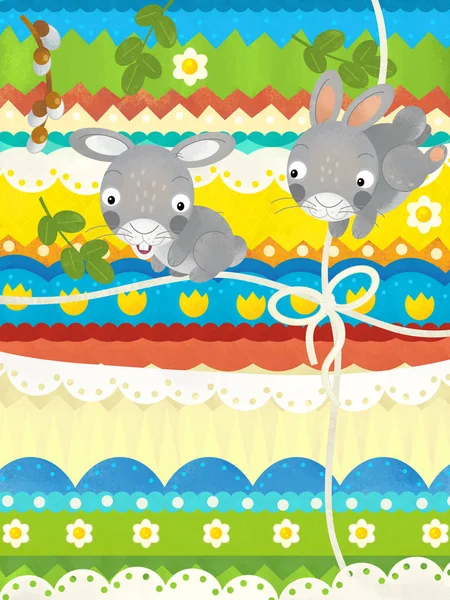 Kreslená scéna s velikonoční scénou s králíky-šťastné Velikonoční přání — Stock fotografie