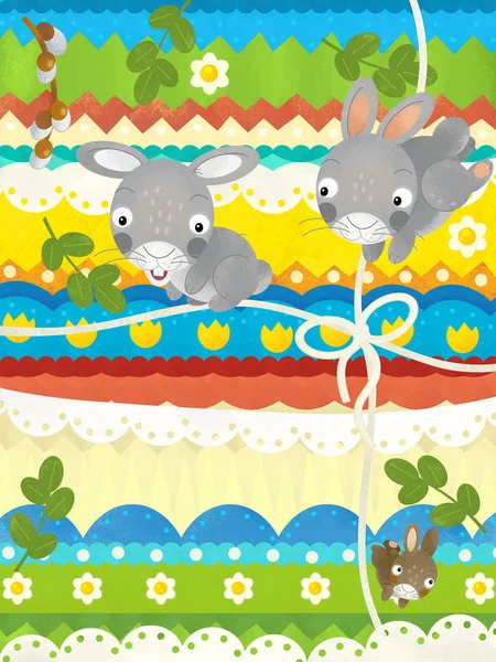 Kreslená scéna s velikonoční scénou s králíky-šťastné Velikonoční přání — Stock fotografie