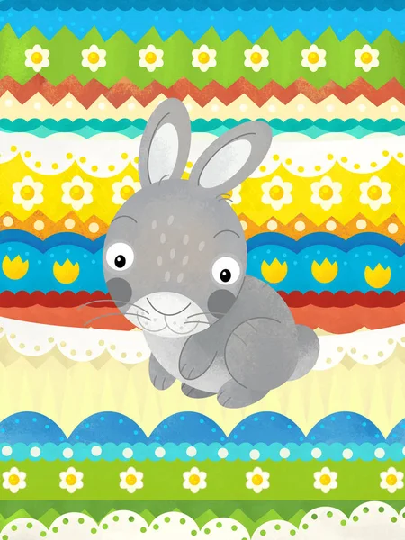Kreslená scéna s velikonoční králíky-šťastné Velikonoční přání-ilustrace pro děti — Stock fotografie