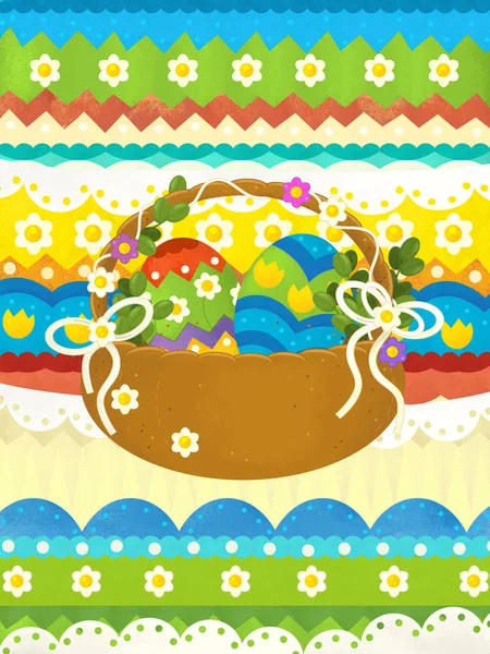 Karikatúra jelenet húsvéti kosár-Happy húsvéti kártya-illusztráció gyerekeknek — Stock Fotó