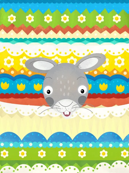 Kreslená scéna s velikonoční králíky-šťastné Velikonoční přání-ilustrace pro děti — Stock fotografie