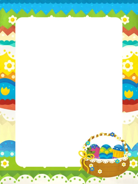 Мультфильм сцена с пасхальной рамкой и корзиной - счастливая пасхальная открытка - иллюстрация для детей — стоковое фото