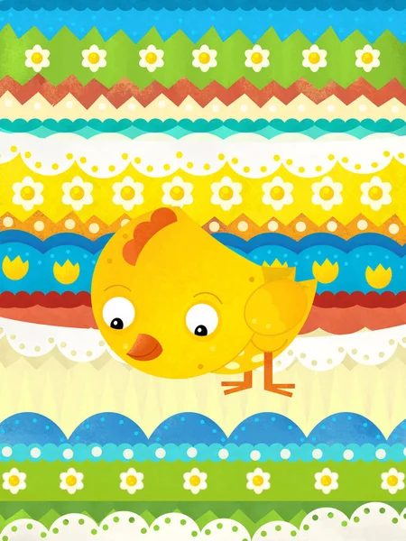 Escena de dibujos animados con colorido pollo de Pascua en el fondo de Pascua —  Fotos de Stock