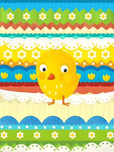 Kreslená scéna s barevným velikonoční kuřetem na Velikonočním pozadí — Stock fotografie