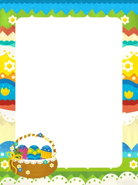 Kreslená scéna s barevným velikonočním košíčkem na rámu — Stock fotografie