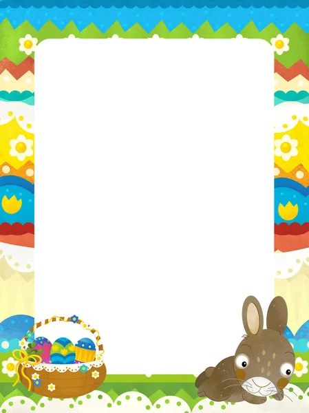 Cena dos desenhos animados com cesta de Páscoa colorida e coelho no quadro — Fotografia de Stock