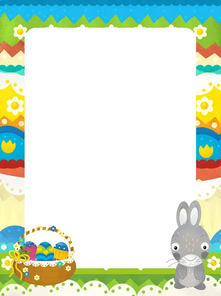 Scena kreskówki z kolorowym koszem wielkanocnym i królika na ramie — Zdjęcie stockowe