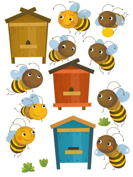 cartoon scene with farm bee hives and flying bees on white background - illustration for children