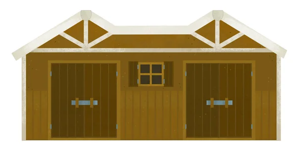 白い背景に木造農場牧場の家と漫画のシーン — ストック写真