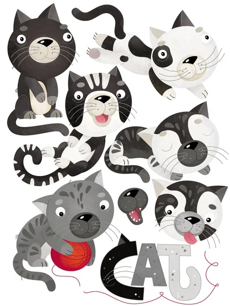 Beyaz arka plan üzerinde kedi seti ile karikatür sahnesi - illüstrasyon — Stok fotoğraf