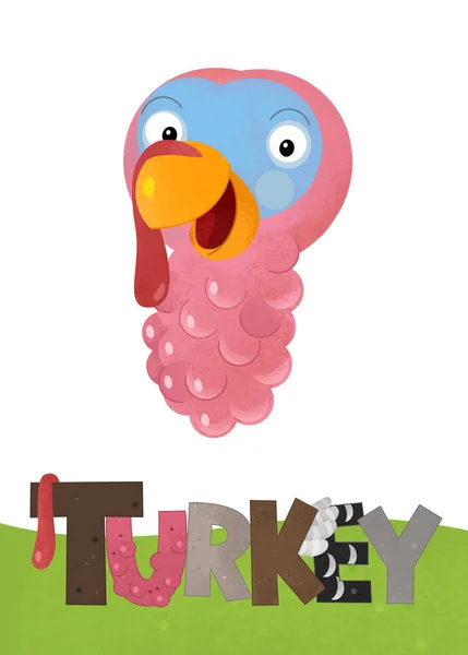 cartoon scene with happy turkey on white background with name