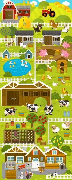 Cartoon scene with farm village and farm animals - illustration — Stock Photo, Image