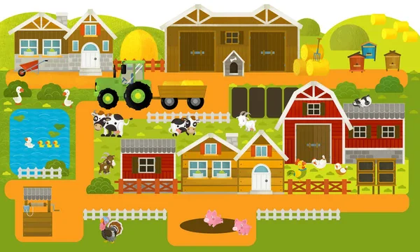 cartoon scene with farm village and farm animals - illustration