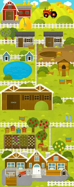 Kreslená scéna s farmářskou vesnicí - ilustrace pro děti — Stock fotografie