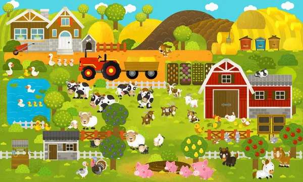 Scène Dessin Animé Avec Village Ferme Animaux Ferme Illustration Pour — Photo