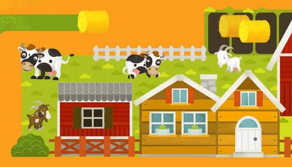Kreslená scéna se zemědělskou vesnicí a hospodářskými zvířaty-ilustrace pro děti — Stock fotografie