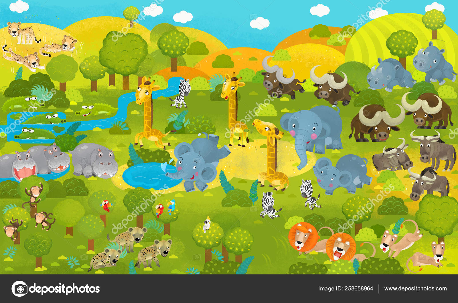Cartoon Scene Zoo Tropical Animals Illustration Children Stock Photo by