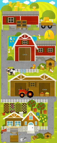 Tecknad scen med Farm Village och bondgårdsdjur-illustration för barn — Stockfoto
