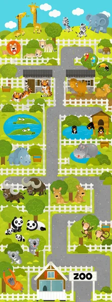Escena de dibujos animados con zoológico y animales tropicales - ilustración para niños —  Fotos de Stock