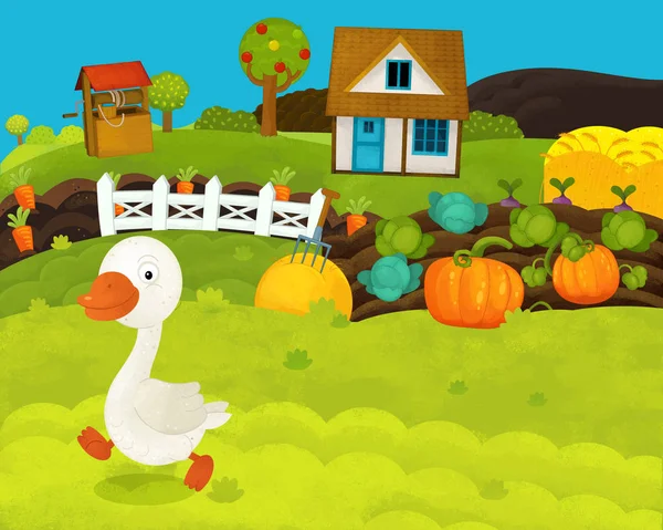 幸せなガチョウと漫画の幸せで面白い農場のシーン - 子供のためのイラスト — ストック写真