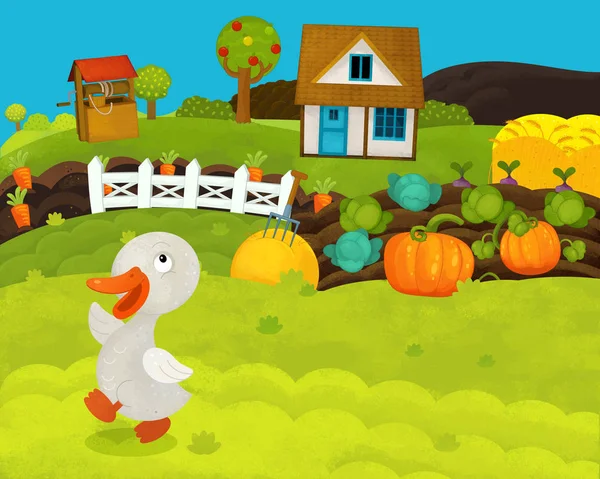 Kreslené šťastné a zábavné farmy s šťastným Husa-ilustrace pro děti — Stock fotografie