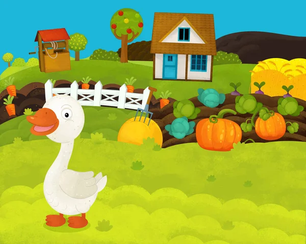 Cartone animato felice e divertente scena fattoria con oca felice - illustrazione per bambini — Foto Stock