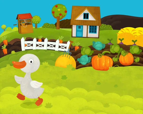 Cartone animato felice e divertente scena fattoria con oca felice - illustrazione per bambini — Foto Stock