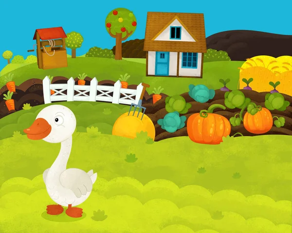 Cartoon happy and funny farm scene with happy goose - illustration for children — Stock Photo, Image