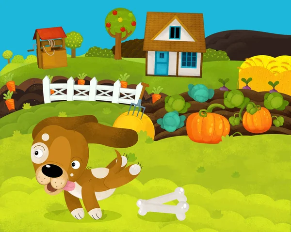 Cartoon szczęśliwy i zabawny scena gospodarstwa z Happy Dog-ilustracja dla dzieci — Zdjęcie stockowe