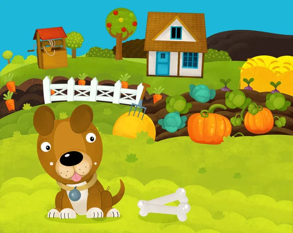 Cartone animato scena fattoria felice e divertente con cane felice - illustrazione per bambini — Foto Stock