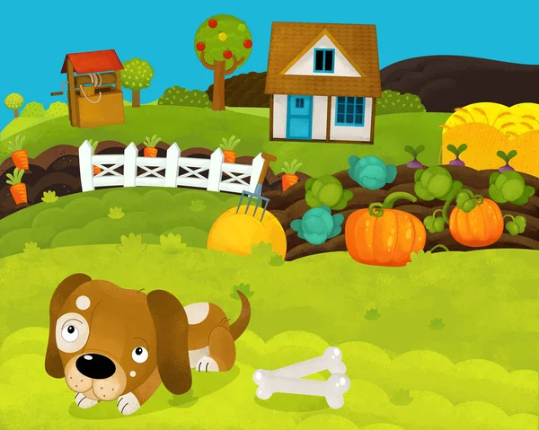 Kreslené šťastné a zábavné farmy s šťastným psem-ilustrace pro děti — Stock fotografie