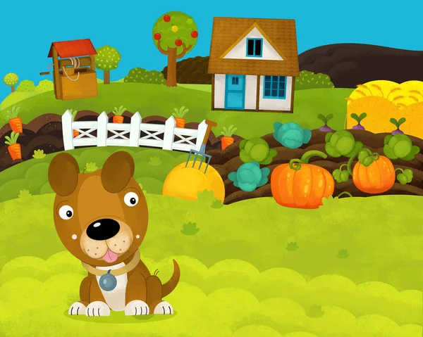 Cartoon happy and funny farm scene with happy dog - illustration for children — Stock Photo, Image