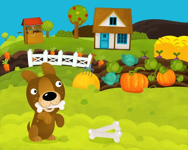 Cartone animato scena fattoria felice e divertente con cane felice - illustrazione per bambini — Foto Stock