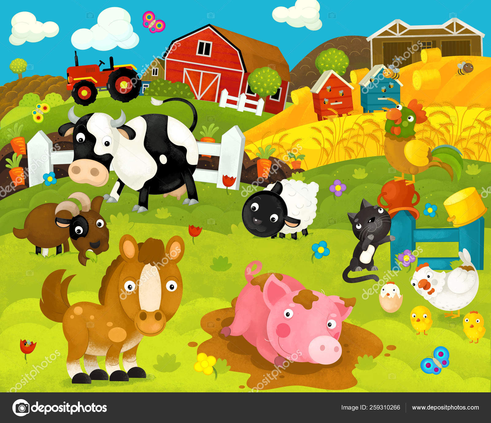 Cartoon happy and funny farm scene with happy animals - illustration for  children Stock Photo by ©agaes8080 259310266