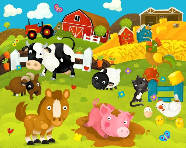 Desenhos animados cena fazenda feliz e engraçado com animais felizes - ilustração para crianças — Fotografia de Stock