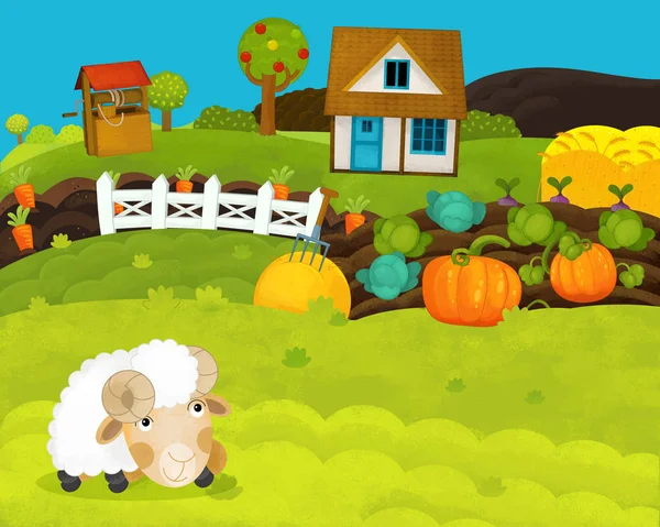 Tecknad glad och rolig gård scen med Happy Sheep-illustration för barn — Stockfoto