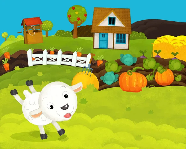Cartone animato scena fattoria felice e divertente con pecore felici - illustrazione per bambini — Foto Stock