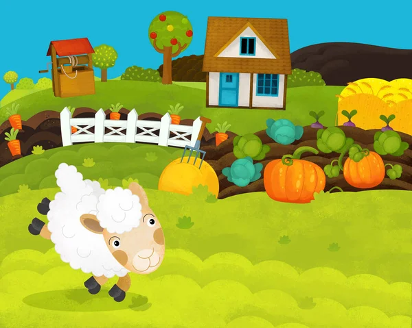 Κινούμενα σχέδια χαρούμενο και αστείο αγρόκτημα σκηνή με χαρούμενα πρόβατα-απεικόνιση για τα παιδιά — Φωτογραφία Αρχείου