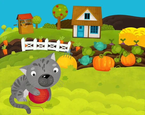 Dibujos animados feliz y divertida escena de la granja con gato feliz - ilustración para niños —  Fotos de Stock