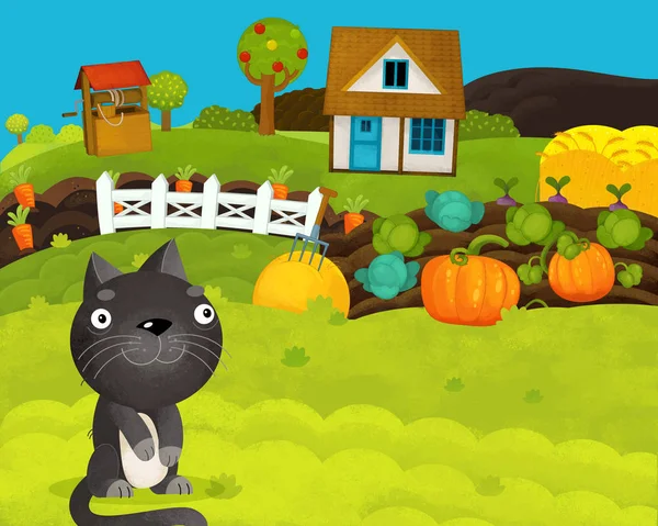 Cartoon glückliche und lustige Bauernhofszene mit glücklicher Katze - Illustration für Kinder — Stockfoto