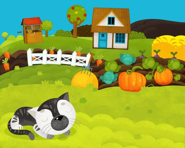 Mutlu kedi ile karikatür mutlu ve komik çiftlik sahnesi - çocuklar için illüstrasyon — Stok fotoğraf